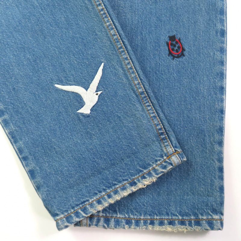 Gucci 502775 100% Cotton Embroidery Leather Denim Pants with Logo Patch Indigo