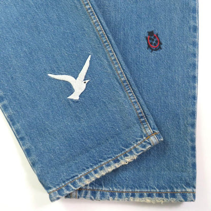 Gucci 502775 100% Cotton Embroidery Leather Denim Pants with Logo Patch Indigo