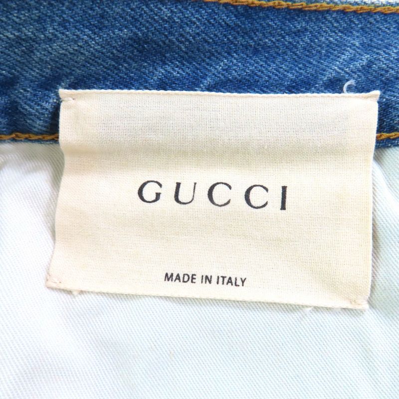 Gucci 502775 100% Cotton Embroidery Leather Denim Pants with Logo Patch Indigo