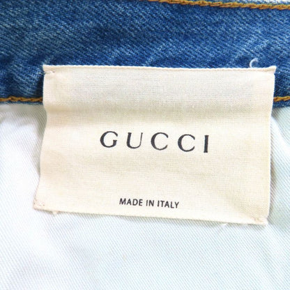 Gucci 502775 100% Cotton Embroidery Leather Denim Pants with Logo Patch Indigo