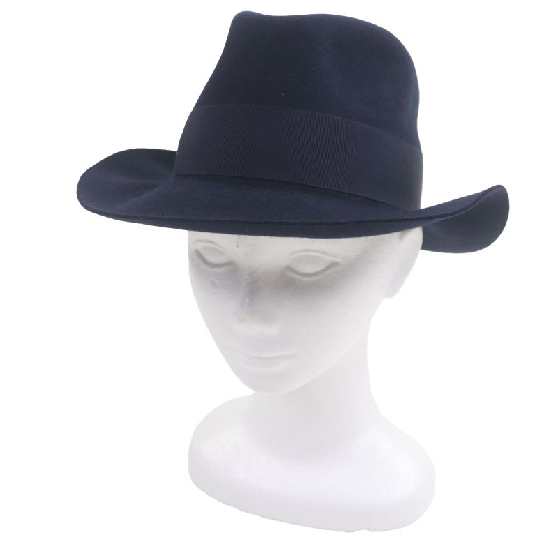 Hermes 100% Wool 100% Silk Lining with Ribbon Lapin Felt Medium Hat Navy 58