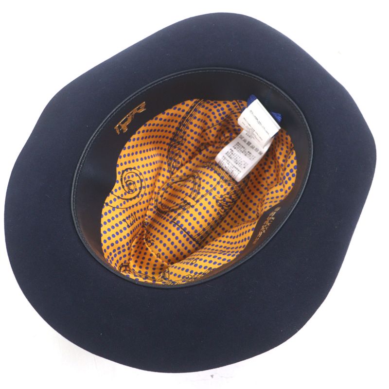 Hermes 100% Wool 100% Silk Lining with Ribbon Lapin Felt Medium Hat Navy 58