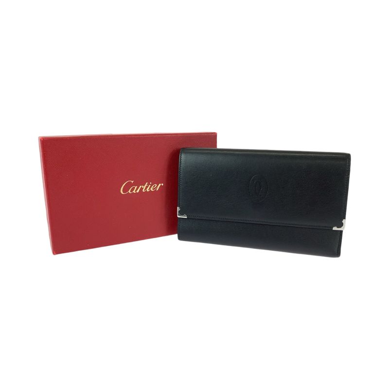 Cartier Mustline Cabochon de Cartier Black Calf Trifold Wallet Fold Wallet