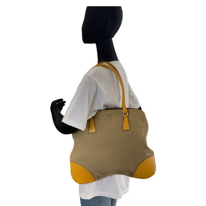 Prada Triangle Logo Plate Beige Yellow Silver Hardware Tote Handbag Shoulder