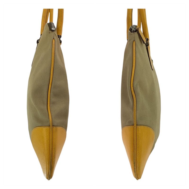 Prada Triangle Logo Plate Beige Yellow Silver Hardware Tote Handbag Shoulder