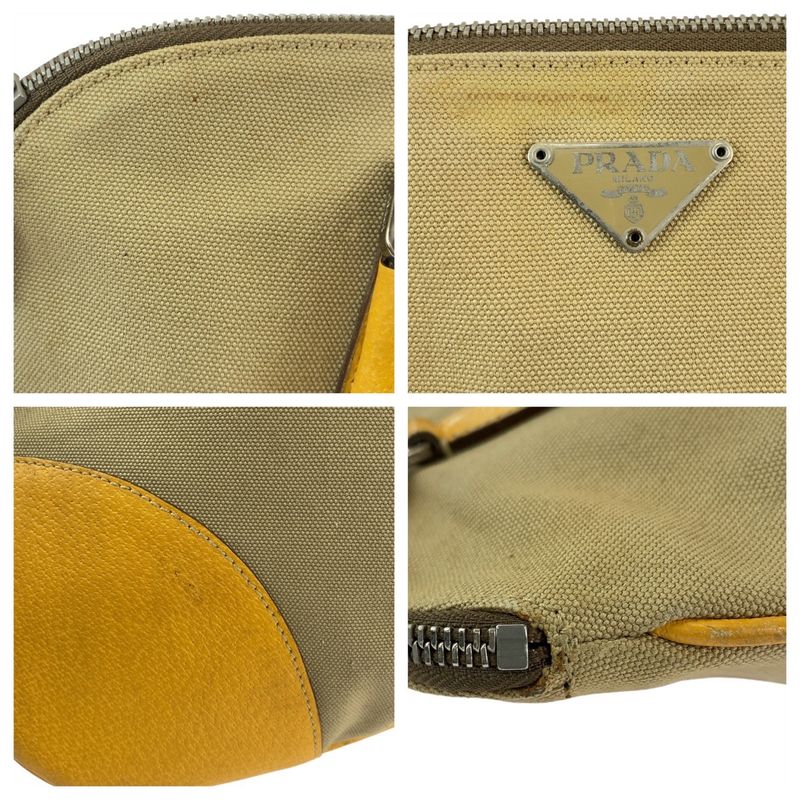 Prada Triangle Logo Plate Beige Yellow Silver Hardware Tote Handbag Shoulder