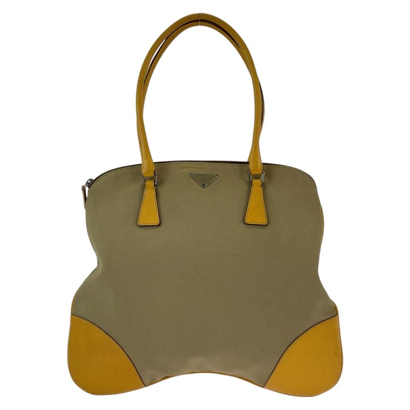 Prada Triangle Logo Plate Beige Yellow Silver Hardware Tote Handbag Shoulder