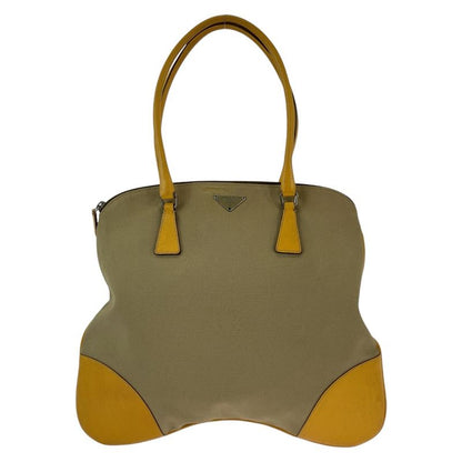 Prada Triangle Logo Plate Beige Yellow Silver Hardware Tote Handbag Shoulder