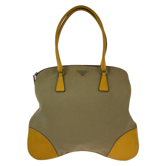 Prada Triangle Logo Plate Beige Yellow Silver Hardware Tote Handbag Shoulder
