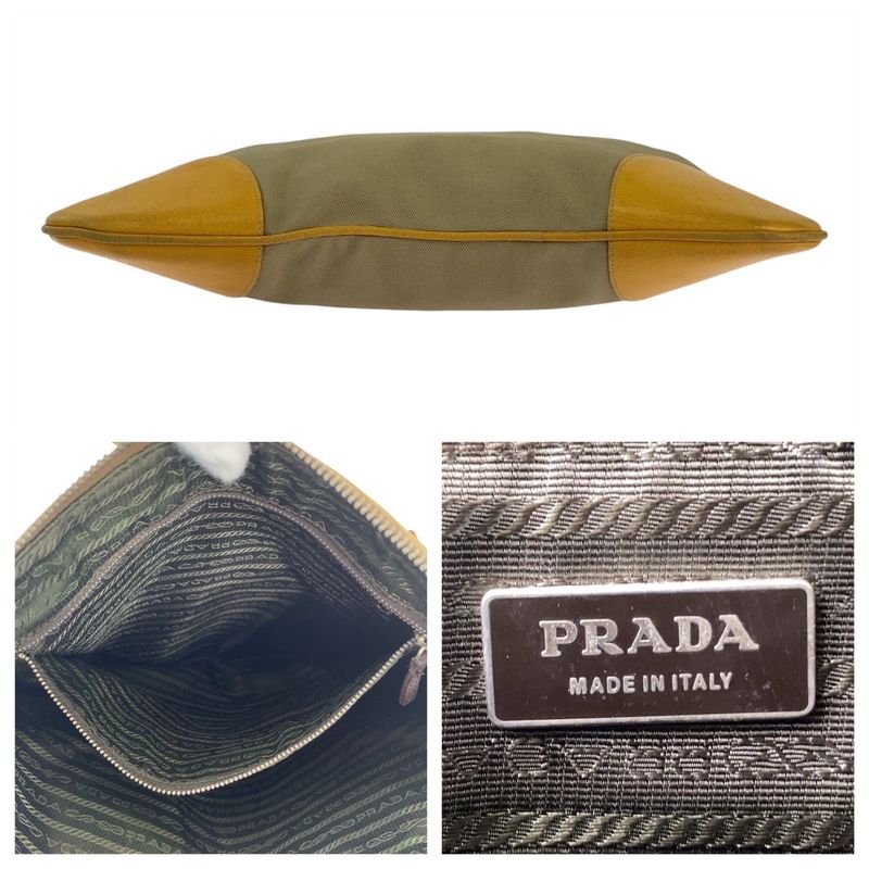 Prada Triangle Logo Plate Beige Yellow Silver Hardware Tote Handbag Shoulder