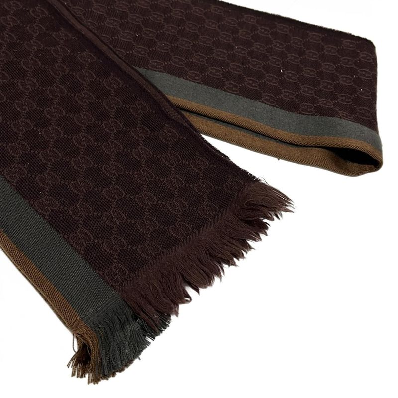 Gucci Scarf - Bordeaux Gray and Brown GG Pattern Wool Silk