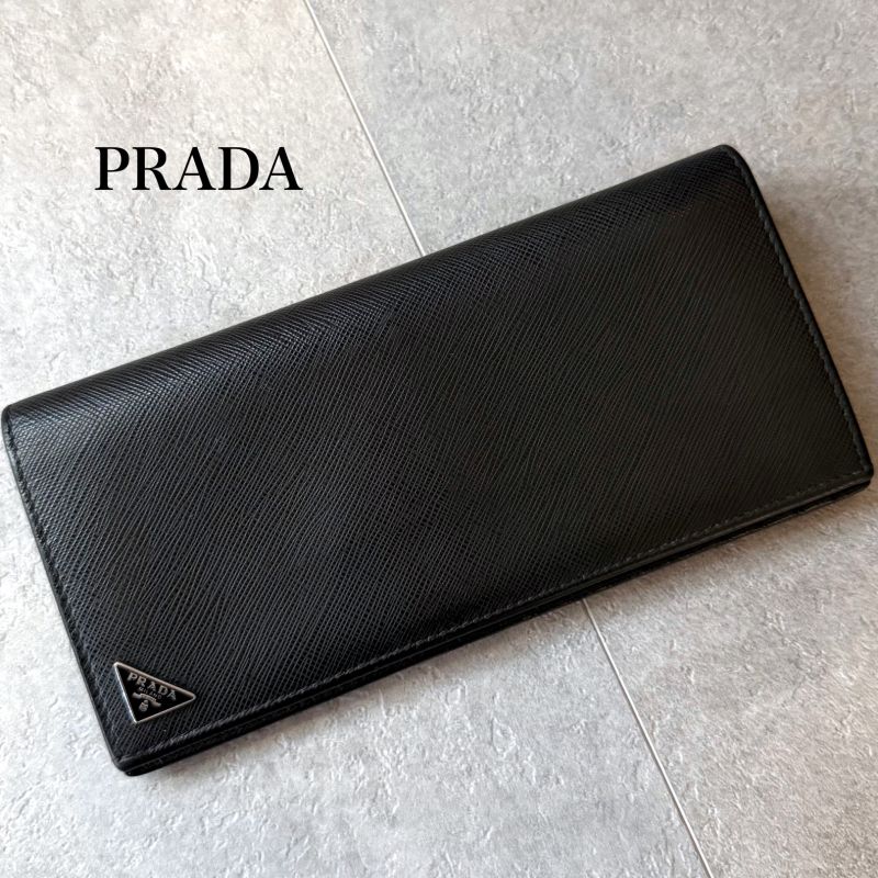 Prada Triangle Logo Long Wallet Saffiano Leather Black Triangle Logo Plate