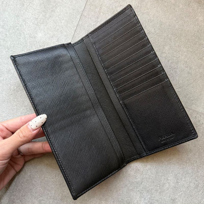 Prada Triangle Logo Long Wallet Saffiano Leather Black Triangle Logo Plate