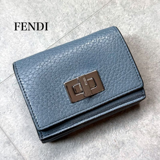 Fendi Selleria Peekaboo Micro Trifold Wallet Compact Wallet Leather Blue