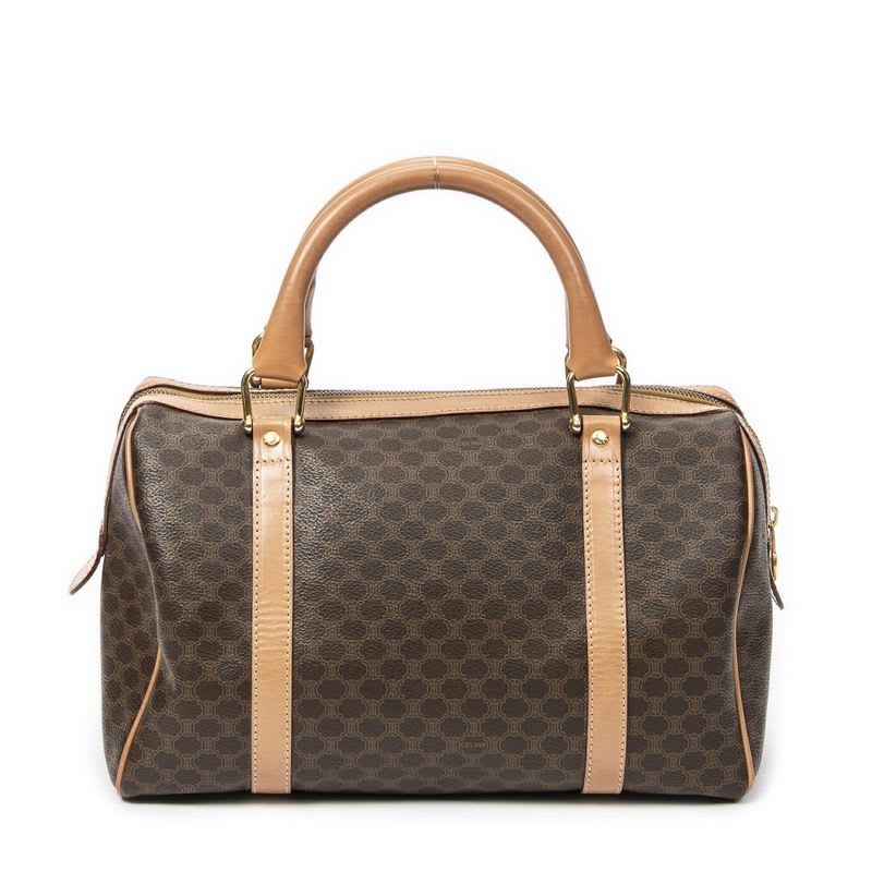 Celine Vintage Small Boston Brown Beige Macadam PVC Canvas AB