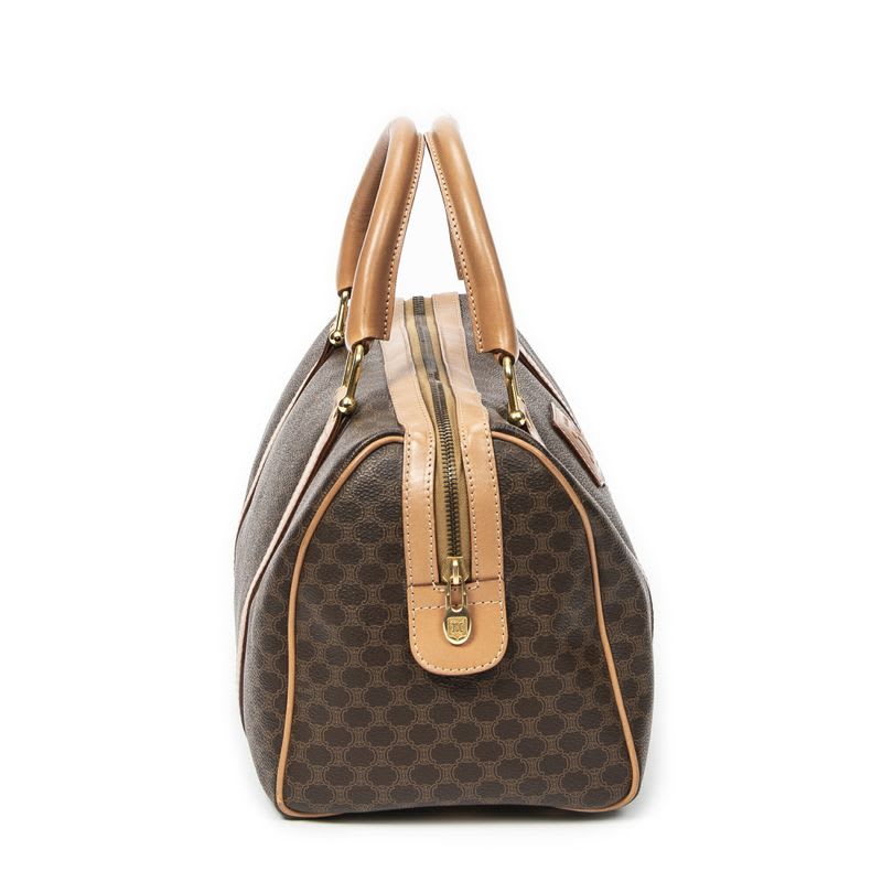 Celine Vintage Small Boston Brown Beige Macadam PVC Canvas AB