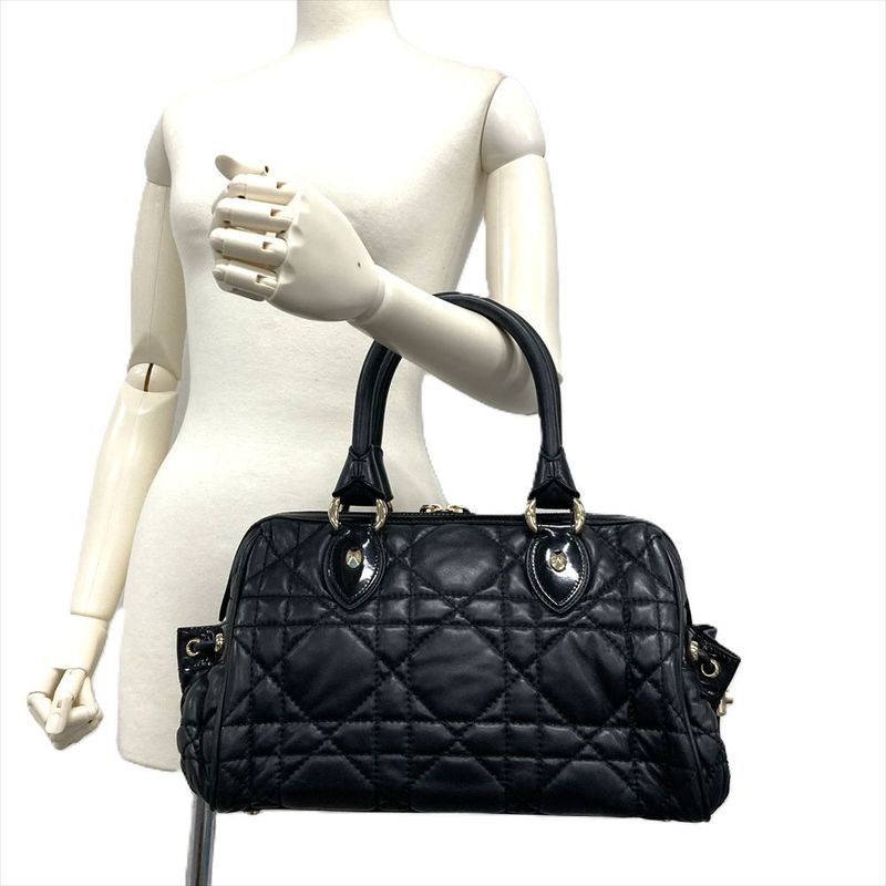 Dior Handbag Leather Black Gold Hardware Cannage Women's