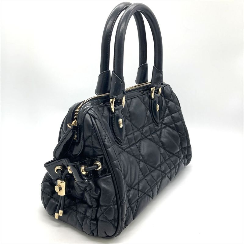 Dior Handbag Leather Black Gold Hardware Cannage Women's