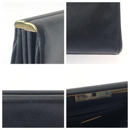 Prada Vintage Saffiano Logo Black Gold Hardware Leather Second Bag Clutch Bag