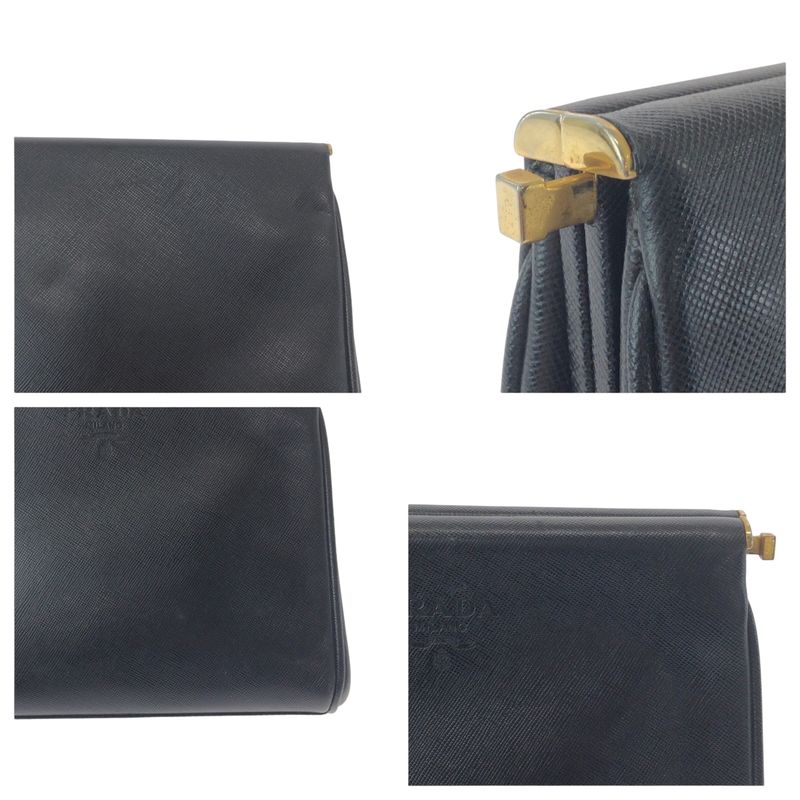 Prada Vintage Saffiano Logo Black Gold Hardware Leather Second Bag Clutch Bag