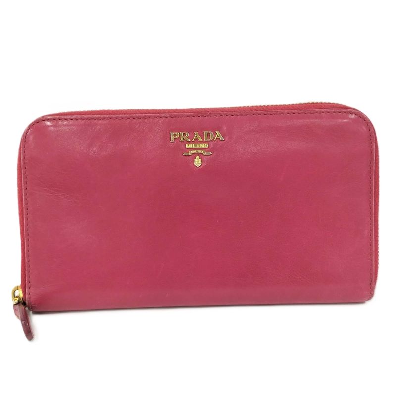 Prada Round Zipper Long Wallet Leather Pink