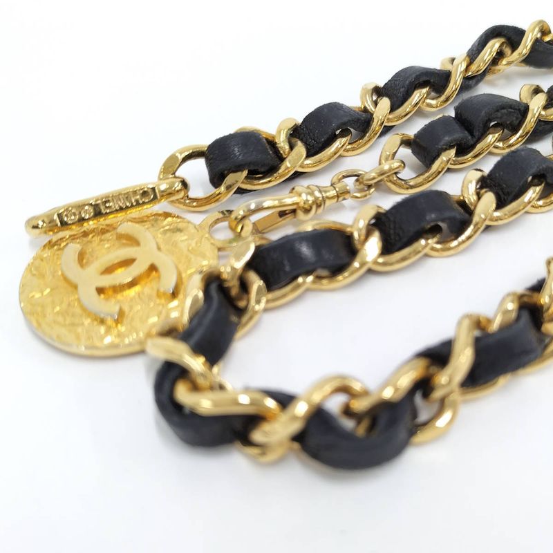 Chanel Chain Belt Medallion Coco Mark Leather Plated Gold Black
