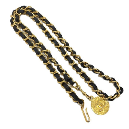 Chanel Chain Belt Medallion Coco Mark Leather Plated Gold Black