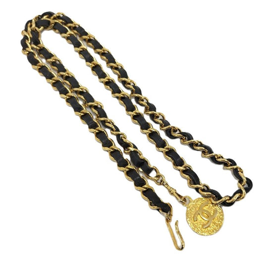 Chanel Chain Belt Medallion Coco Mark Leather Plated Gold Black