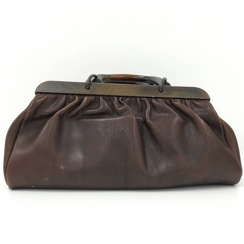 Gucci Handbag Wood Handle Leather Brown 105377