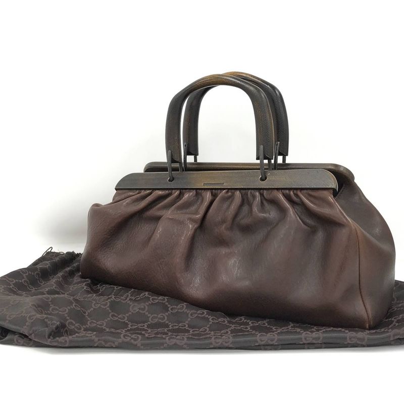 Gucci Handbag Wood Handle Leather Brown 105377