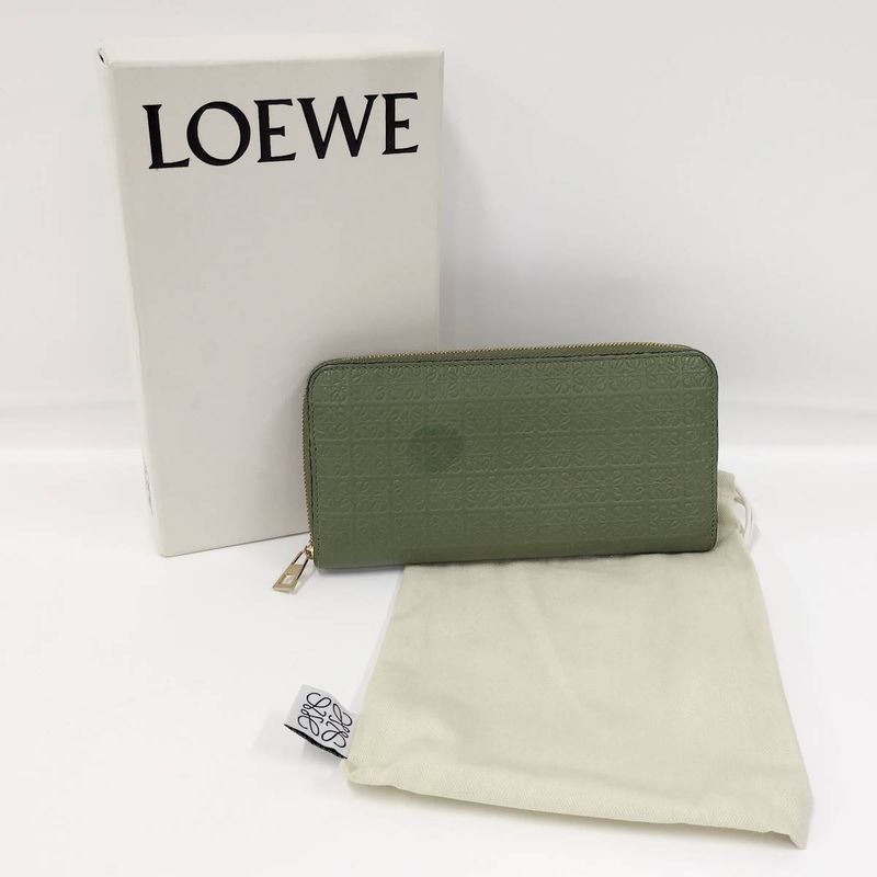Loewe Repeat Anagram Round Zipper Long Wallet Leather Green C499t12