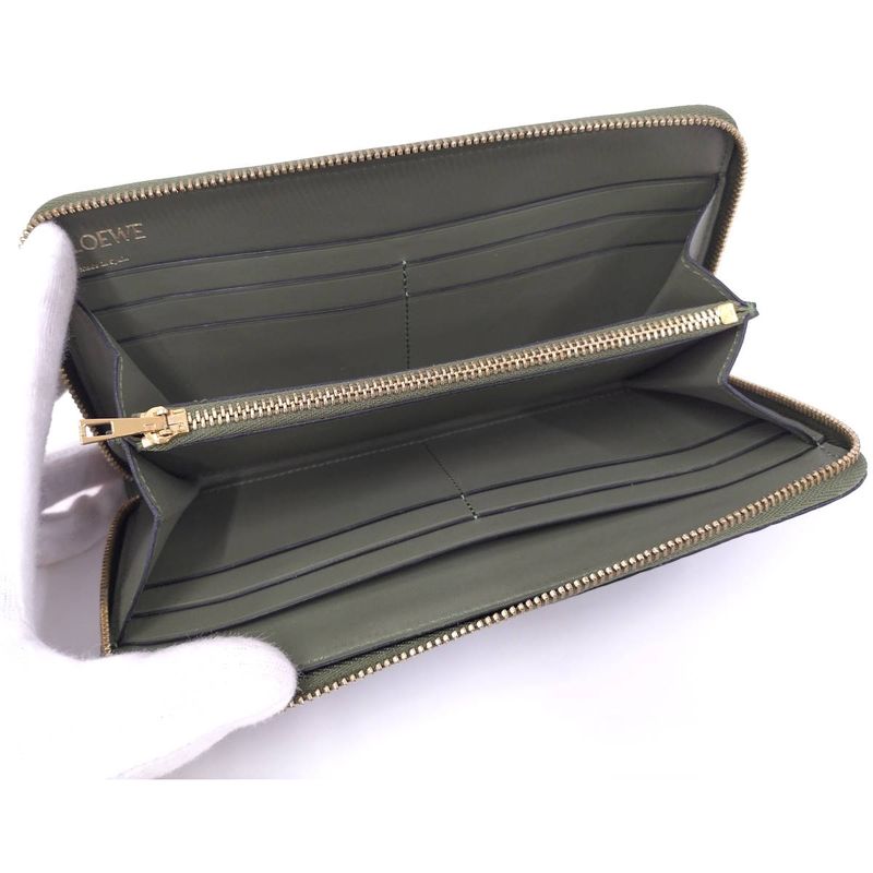 Loewe Repeat Anagram Round Zipper Long Wallet Leather Green C499t12