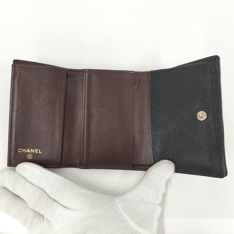 Chanel Compact Wallet Trifold Wallet Caviar Skin Leather Black Ap0230