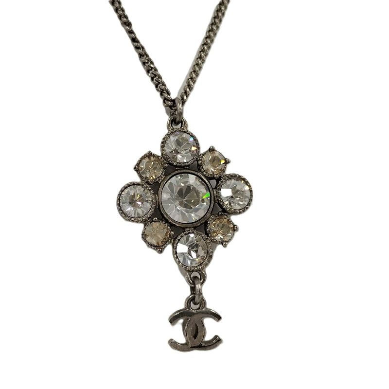 Chanel Necklace Coco Rhinestone Plated Silver 09v