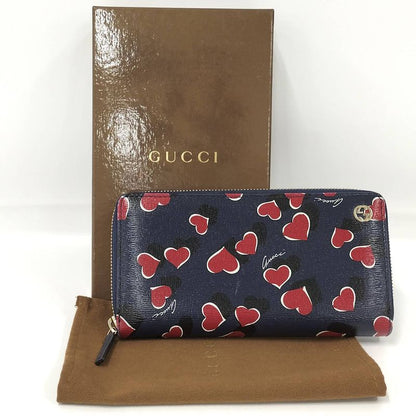 Gucci Round Zipper Long Wallet Interlocking G Heart Pattern Leather Navy 309705