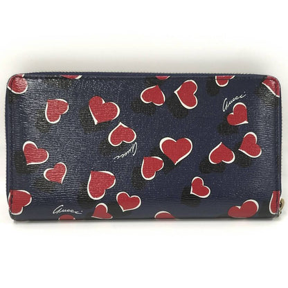 Gucci Round Zipper Long Wallet Interlocking G Heart Pattern Leather Navy 309705