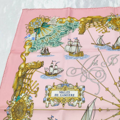 Hermes Carré 90 Large Scarf Voiles de Lumiere Light Sailing Ship 100% Silk Pink