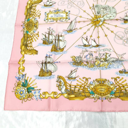 Hermes Carré 90 Large Scarf Voiles de Lumiere Light Sailing Ship 100% Silk Pink