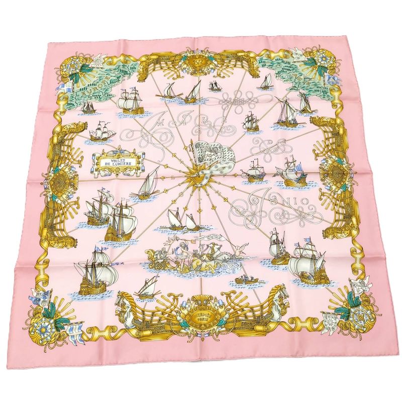 Hermes Carré 90 Large Scarf Voiles de Lumiere Light Sailing Ship 100% Silk Pink