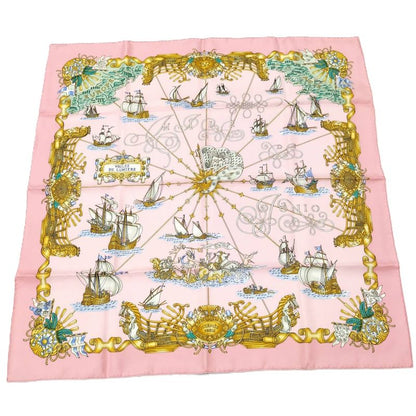 Hermes Carré 90 Large Scarf Voiles de Lumiere Light Sailing Ship 100% Silk Pink