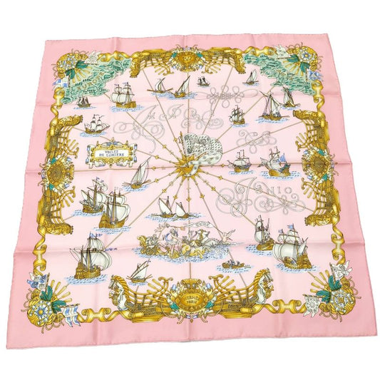 Hermes Carré 90 Large Scarf Voiles de Lumiere Light Sailing Ship 100% Silk Pink