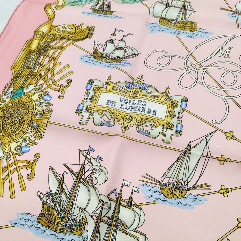 Hermes Carré 90 Large Scarf Voiles de Lumiere Light Sailing Ship 100% Silk Pink
