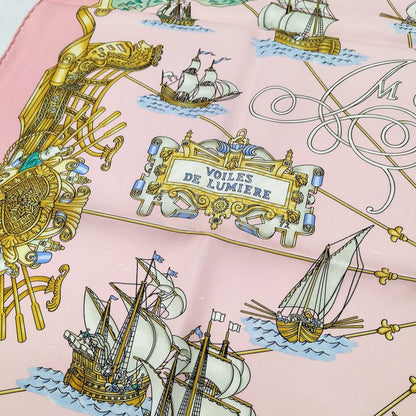 Hermes Carré 90 Large Scarf Voiles de Lumiere Light Sailing Ship 100% Silk Pink