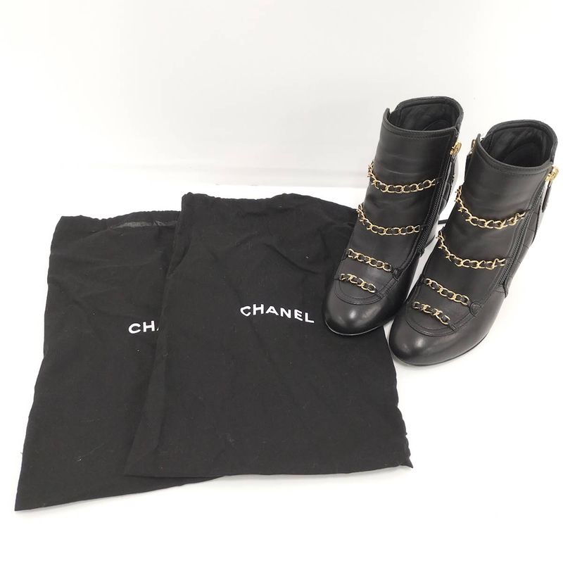 Chanel Chain Ankle Boots Leather Black Size 35c