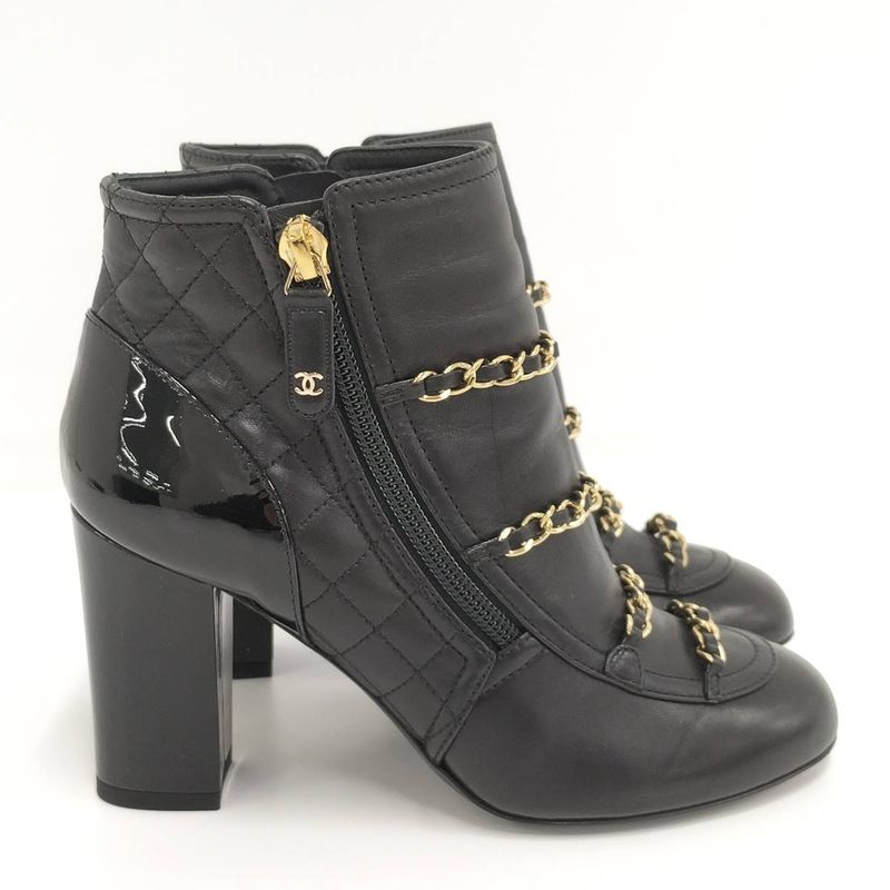 Chanel Chain Ankle Boots Leather Black Size 35c