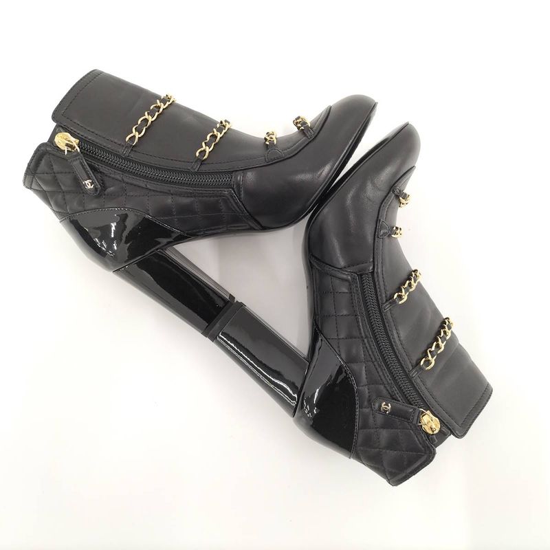 Chanel Chain Ankle Boots Leather Black Size 35c