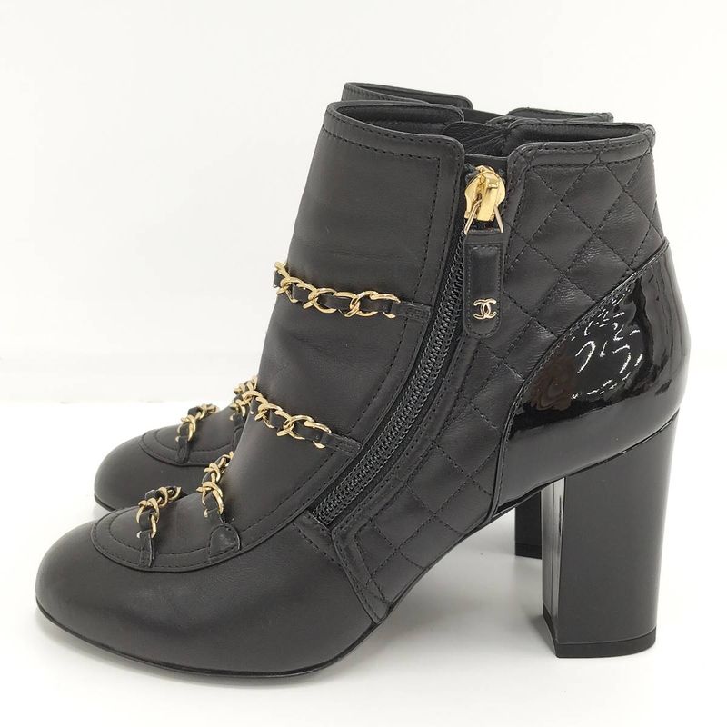 Chanel Chain Ankle Boots Leather Black Size 35c
