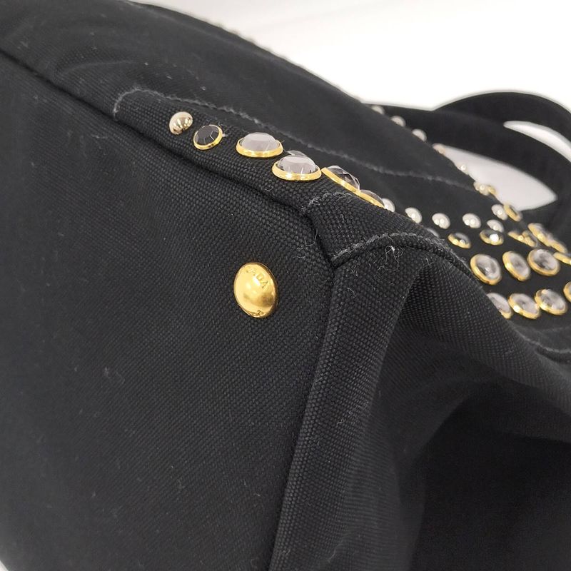 Prada Canapa Tote Bag Bijoux Triangle Plate Canvas Black B18720