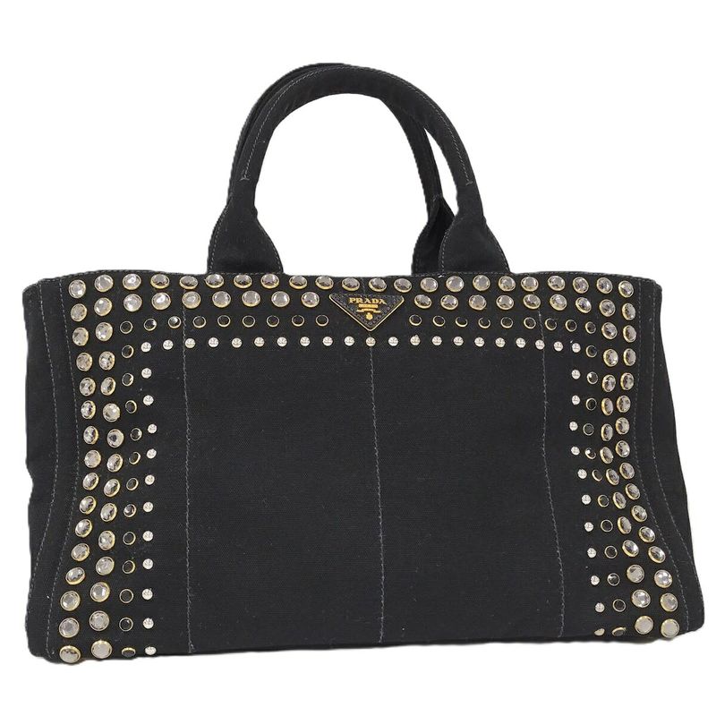 Prada Canapa Tote Bag Bijoux Triangle Plate Canvas Black B18720