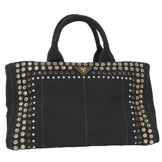 Prada Canapa Tote Bag Bijoux Triangle Plate Canvas Black B18720
